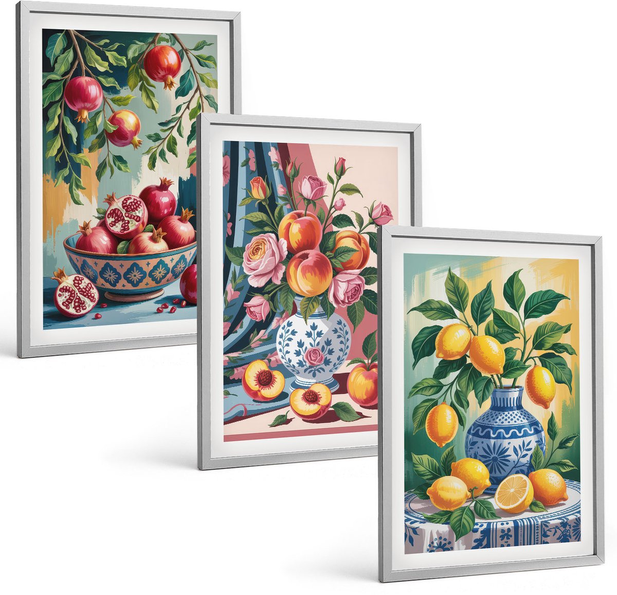 Coloray 3-Delige Schilderij Set - Geschilderde Bloemen En Fruit In Vazen - 40 x 60 cm - Wanddecoratie - Moderne Interieurdecoratie - Moderne Wanddecoratie