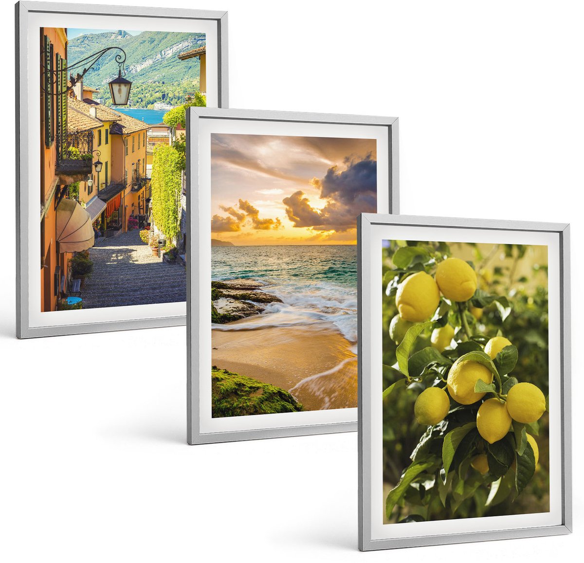 Coloray 3-Delige Schilderij Set - Schilderachtige Straatjes, Zee, Strand En Citrusbomen. - 40 x 60 cm - Wanddecoratie - Schilderijen Set - Interieur