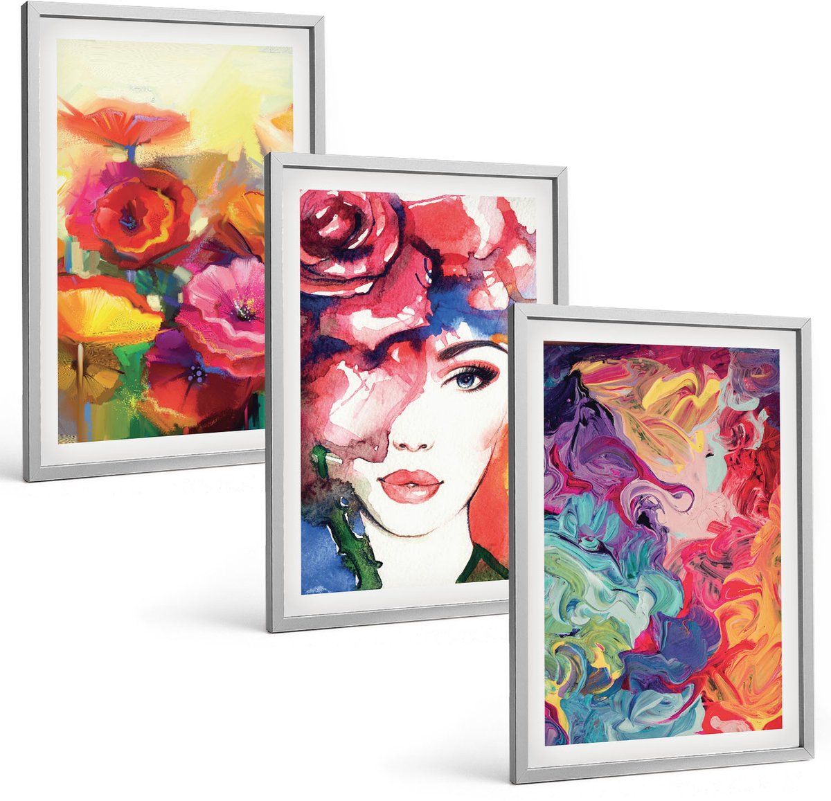 Coloray 3-Delige Schilderij Set - Bloemen In Intense Kleuren Portret Van Een Vrouw Abstract - 40 x 60 cm - Muurdecoratie - Schilderijen Set - Woonkamer - Interieur Decoratie