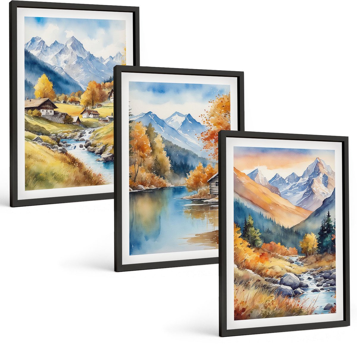Coloray 3-Delige Schilderij Set - Geschilderde Herfstbergen Met Een Rivier En Huisjes - 40 x 60 cm - Wanddecoratie - Woonkamer Decoratie