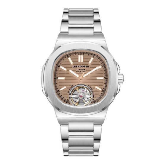 Zilverkleurig Lee Cooper herenhorloge met roze wijzerplaat, gestreept patroon, open hart en stalen schakelarmband.