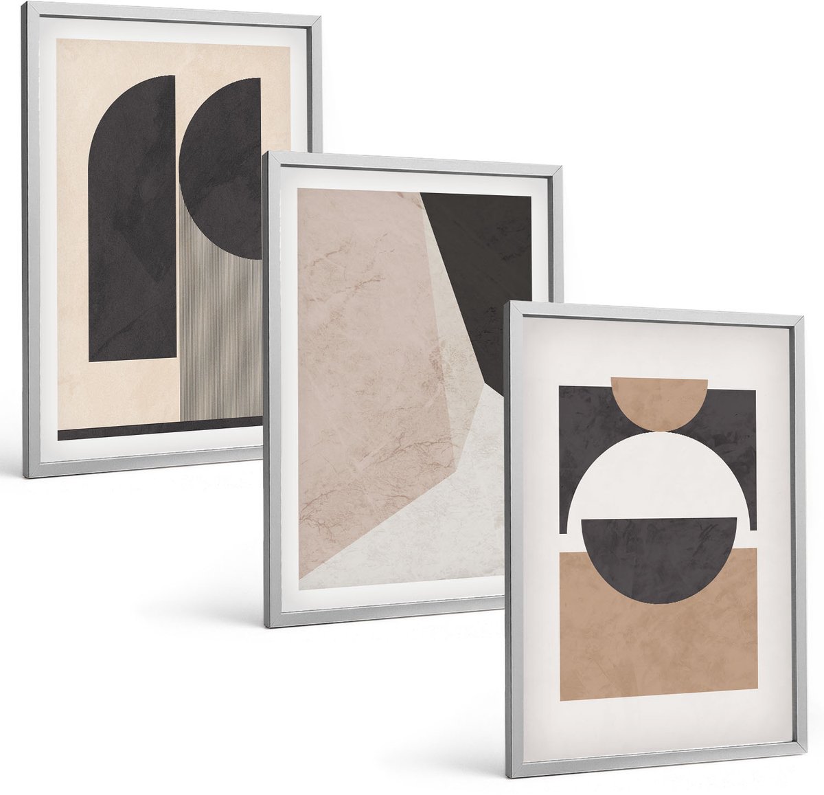 Coloray 3-Delige Schilderij Set - Abstracte Vormen In Beige En Bruine Tinten. - 40 x 60 cm - Decoratieve Schilderijen - Wanddecoratie - Hal