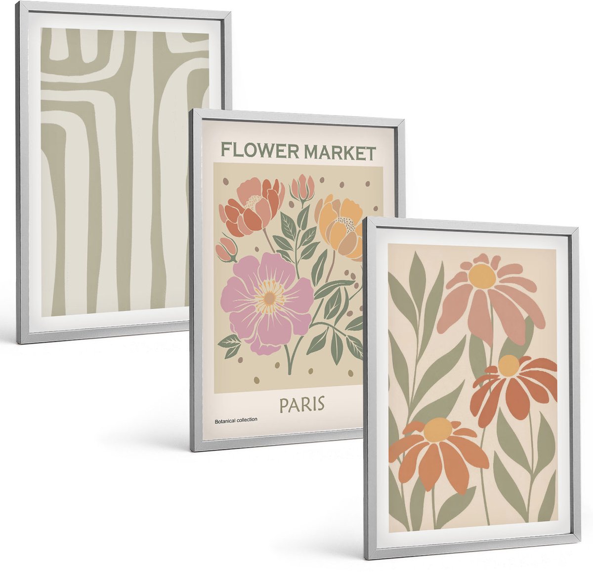 Coloray 3-Delige Schilderij Set - Poster Met Botanische Motieven, Parijse Minimalistische Stijl - 40 x 60 cm - Wanddecoratie - Schilderijen Set - Kantoor - Stijlvolle Muurdecoratie