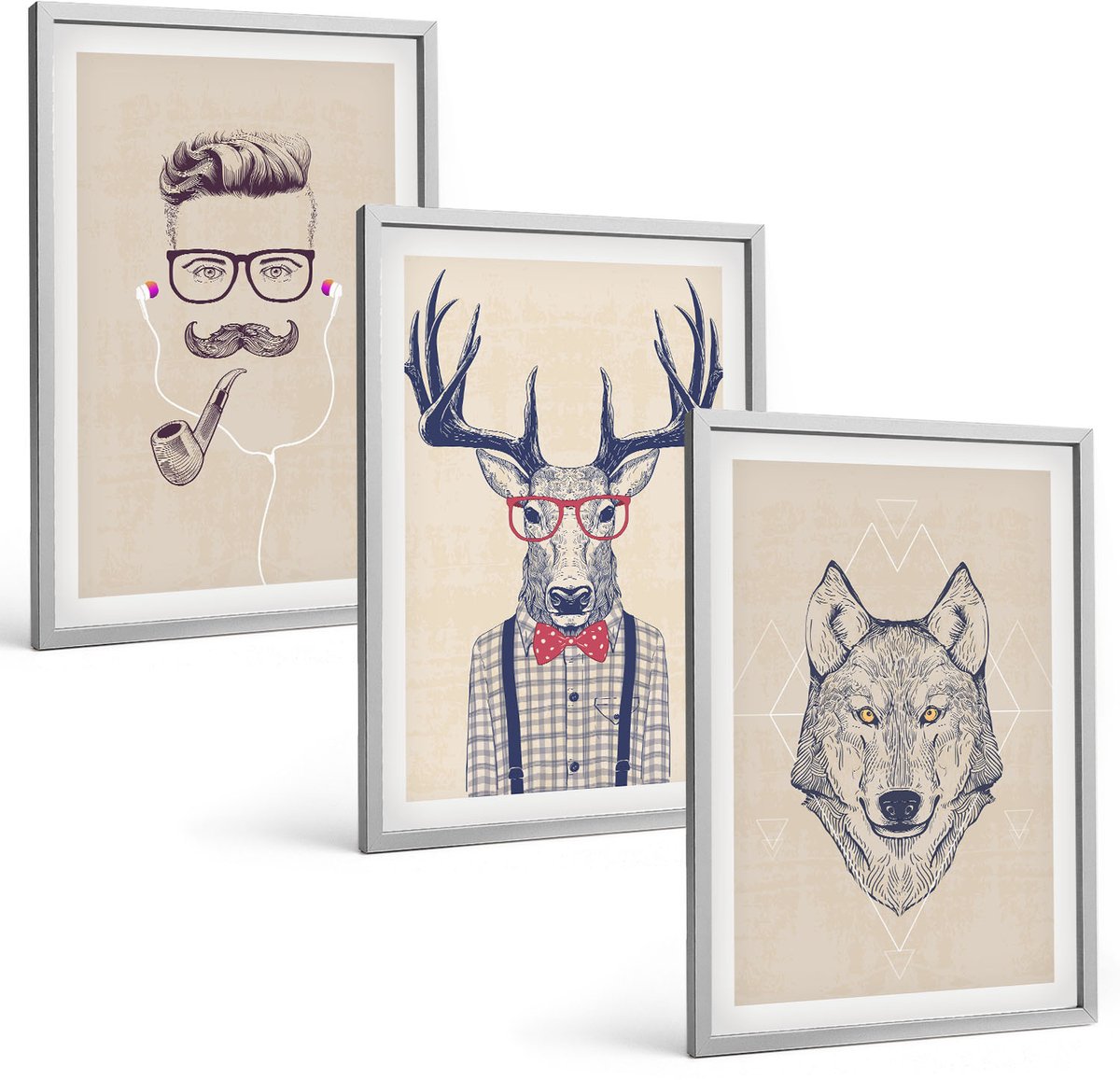 Coloray 3-Delige Schilderij Set - Stijlvolle Portretten Van Dieren En Mannen - 40 x 60 cm - Muurdecoratie - Wanddecoratie - Slaapkamer
