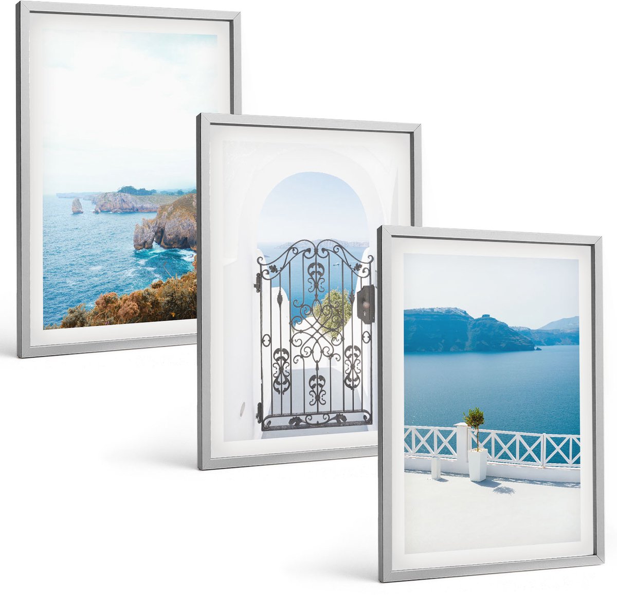 Coloray 3-Delige Schilderij Set - Zeezicht Met Griekse Architectuur - 40 x 60 cm - Decoratieve Schilderijen - Woonkamer - Interieur - Stijlvolle Muurdecoratie