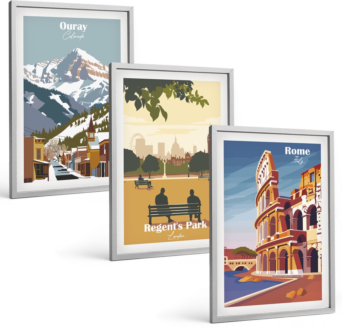 Coloray 3-Delige Schilderij Set - Bergen In Ouray Park In Londen, Colosseum In Rome - 40 x 60 cm - Moderne Wanddecoratie - Woonkamer - Muurdecoratie