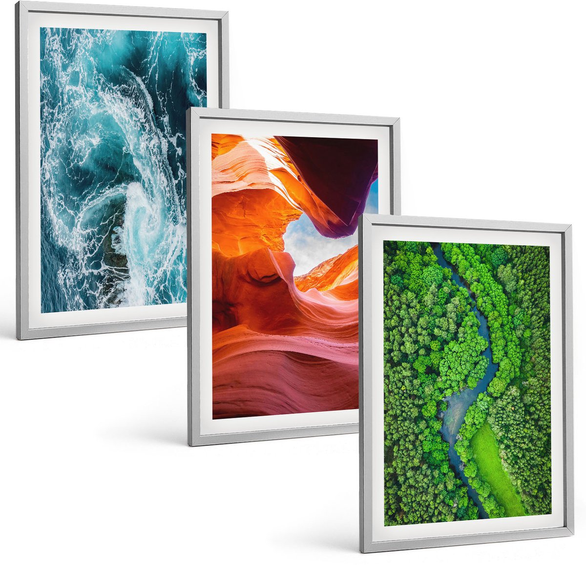 Coloray 3-Delige Schilderij Set - Water In Beweging, Kloof En Bos, Groene Natuur - 40 x 60 cm - Stijlvolle Wanddecoratie - Interieur - Muurdecoratie