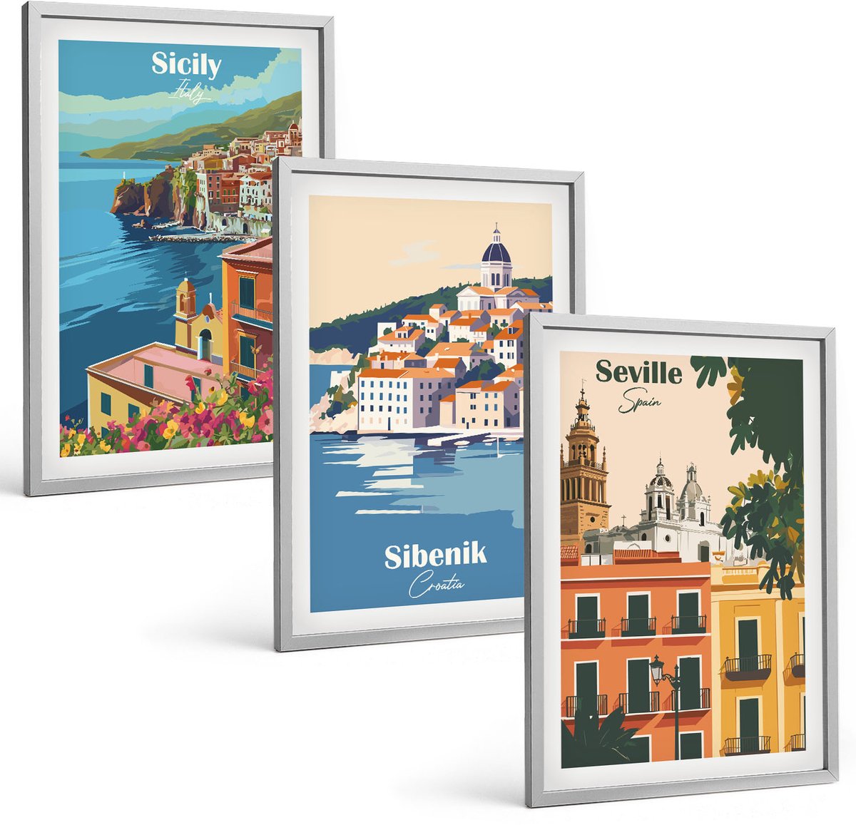 Coloray 3-Delige Schilderij Set - Europese Stadsgezichten Met Kleurrijke Gebouwen - 40 x 60 cm - Wanddecoratie - Moderne Interieurdecoratie - Decoratieve Schilderijen