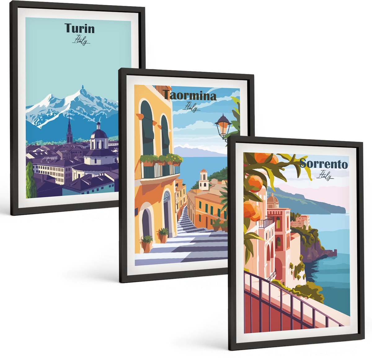 Coloray 3-Delige Schilderij Set - Kleurrijke, Illustratieve Stadsgezichten In Retrostijl - 40 x 60 cm - Muurdecoratie - Decoratieve Schilderijen - Wohnzimmer