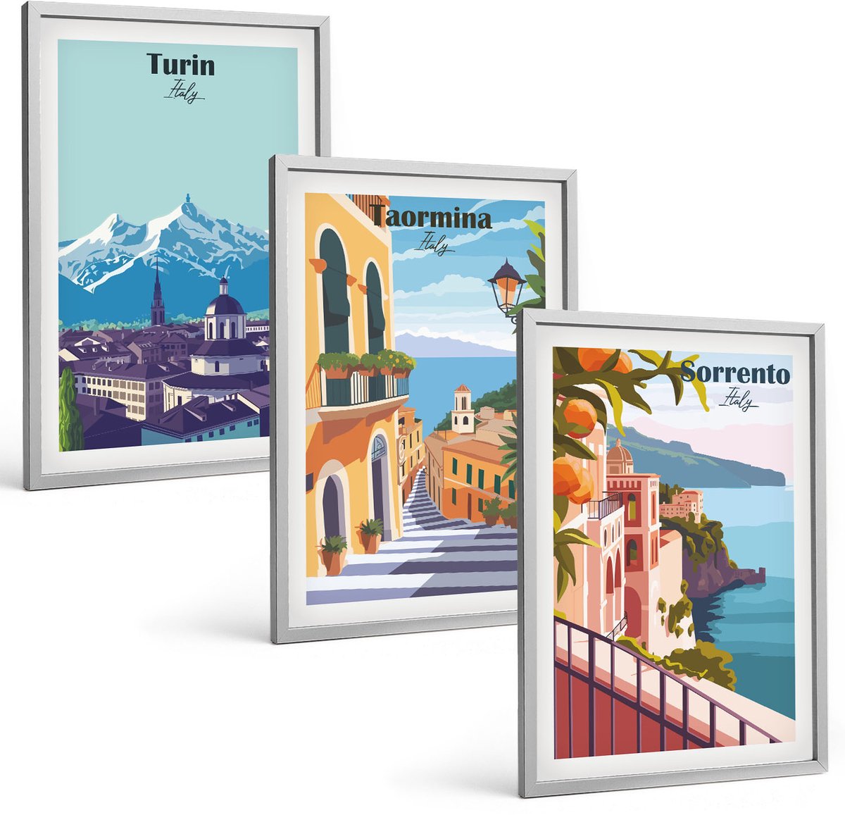 Coloray 3-Delige Schilderij Set - Kleurrijke, Illustratieve Stadsgezichten In Retrostijl - 40 x 60 cm - Muurdecoratie - Decoratieve Schilderijen - Wohnzimmer