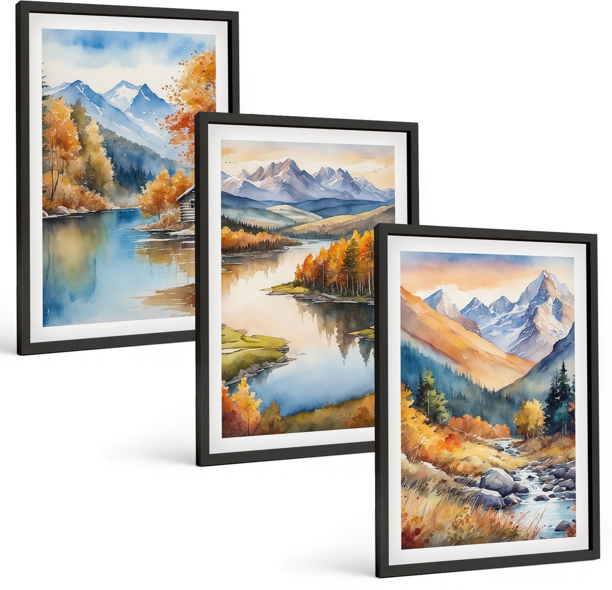 Coloray 3-Delige Schilderij Set - Uitzicht Op De Bergen Met Een Rivier En Herfstbomen. - 40 x 60 cm - Muurdecoratie - Schilderijen Set - Woonkamer