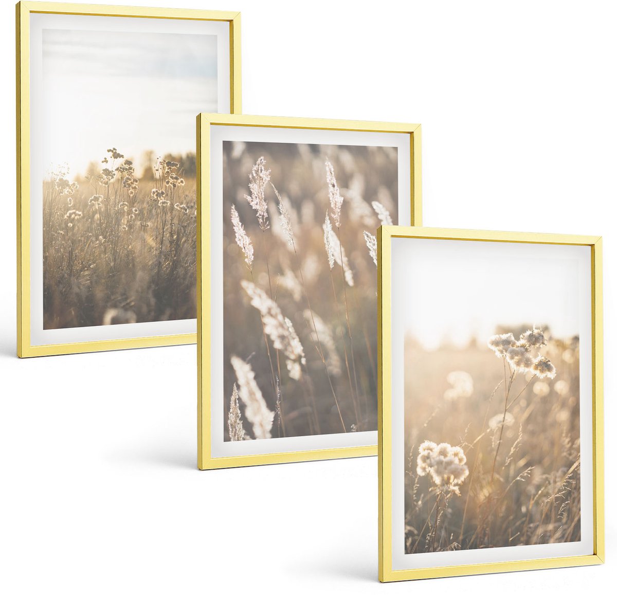 Coloray 3-Delige Schilderij Set - Landschap Met Grassen En Bloemen In Warme Tinten. - 40 x 40 cm En 40 x 60 cm - Decoratieve Schilderijen - Woonkamer - Interieur - Woonkamer Decoratie