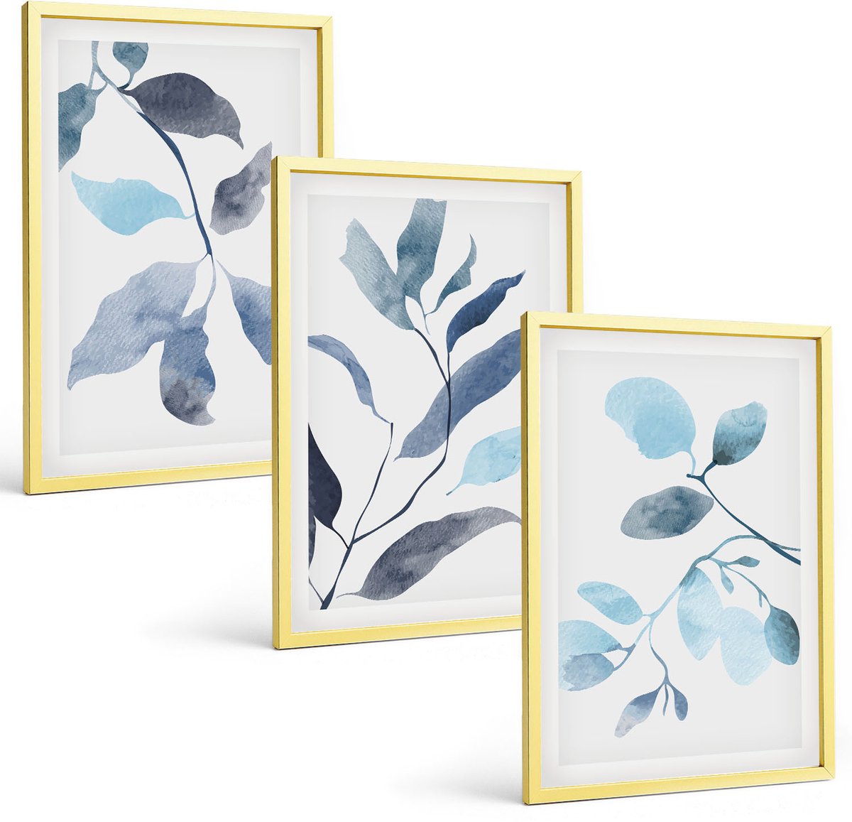 Coloray 3-Delige Schilderij Set - Blauwe Bladeren Op Een Lichte Achtergrond In Aquarelstijl - 40 x 40 cm En 40 x 60 cm - Stijlvolle Wanddecoratie - Interieur