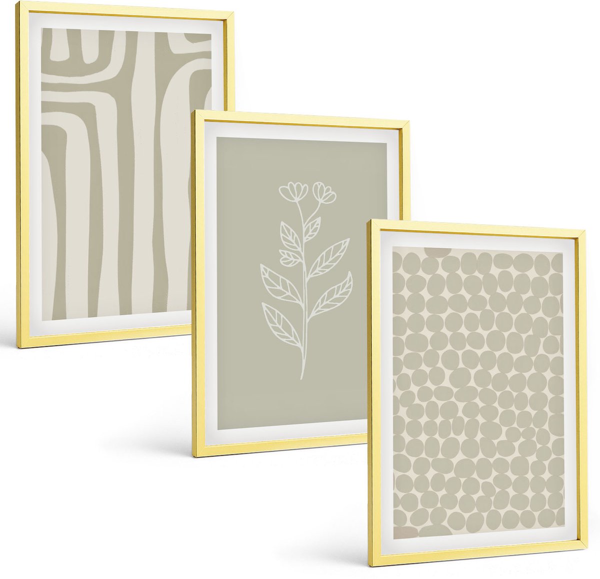 Coloray 3-Delige Schilderij Set - Plantaardige En Geometrische Patronen In Ingetogen Kleuren. - 40 x 40 cm En 40 x 60 cm - Moderne Wanddecoratie - Slaapkamer - Decoratieve Schilderijen