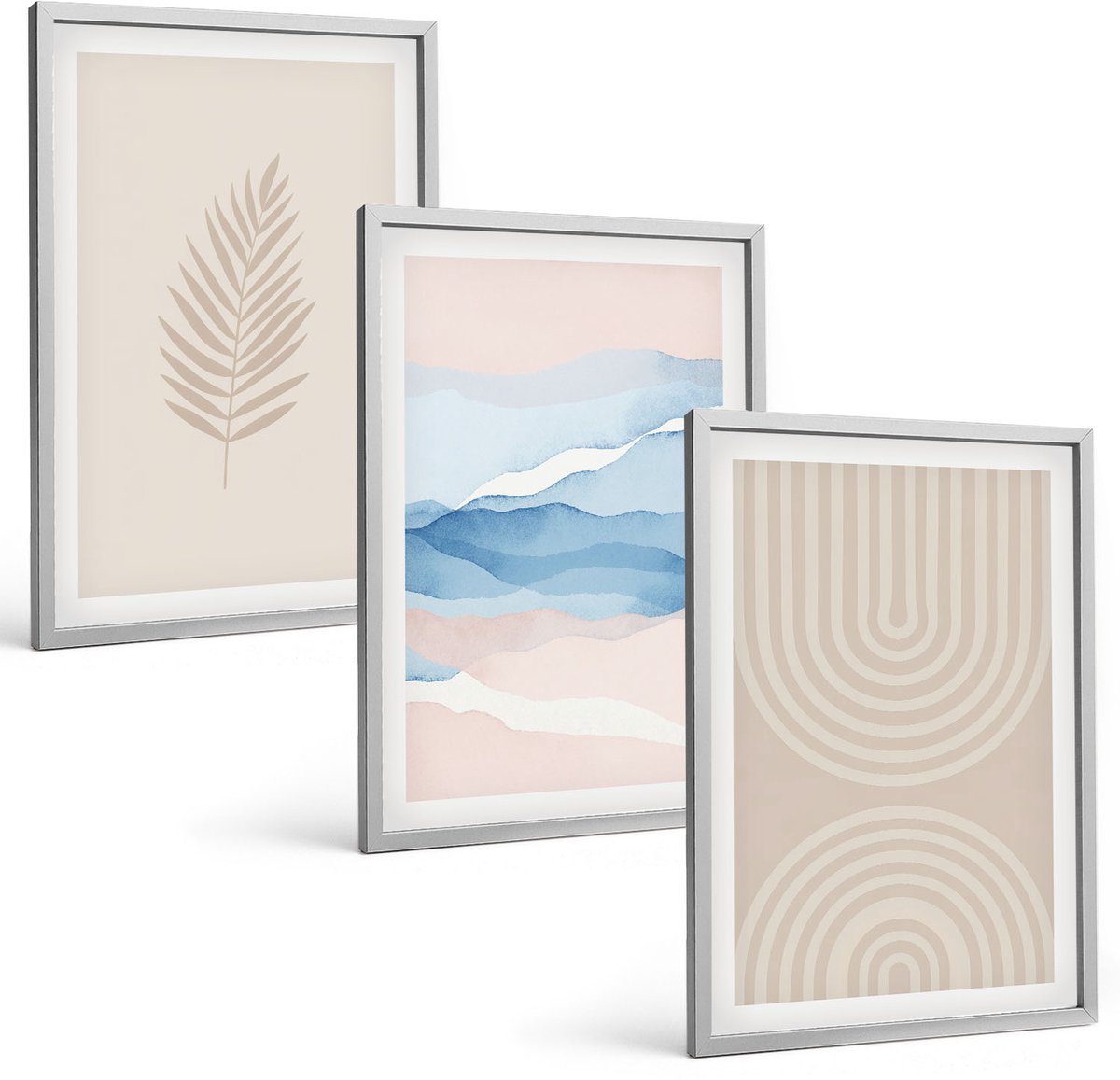 Coloray 3-Delige Schilderij Set - Bladeren En Golven In Beige En Blauwe Tinten. - 40 x 60 cm - Wanddecoratie - Woonkamer Decoratie - Interieur Decoratie