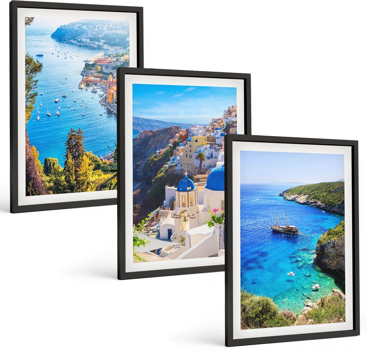 Coloray 3-Delige Schilderij Set - Uitzicht Op De Griekse Kust En Het Stadje Oia Op Santorini - 40 x 60 cm - Muurdecoratie - Wanddecoratie - Hal