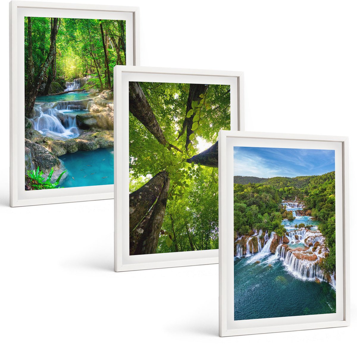Coloray 3-Delige Schilderij Set - Watervallen In Een Groen Bos Met Kristalhelder Water. - 40 x 60 - Muurdecoratie - Schilderijen Set - Woonkamer - Woonkamer Decoratie