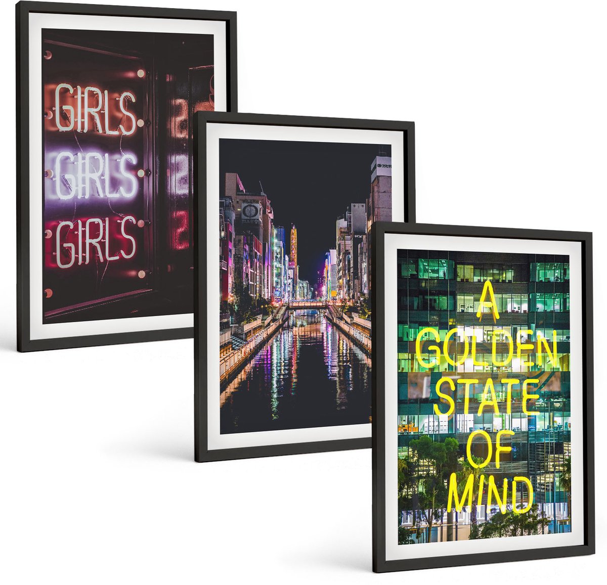 Coloray 3-Delige Schilderij Set - Neonreclames Van De Stad 'S Nachts Met Uitzicht Op De Rivier. - 40 x 60 cm - Muurdecoratie - Interieur Decoratie