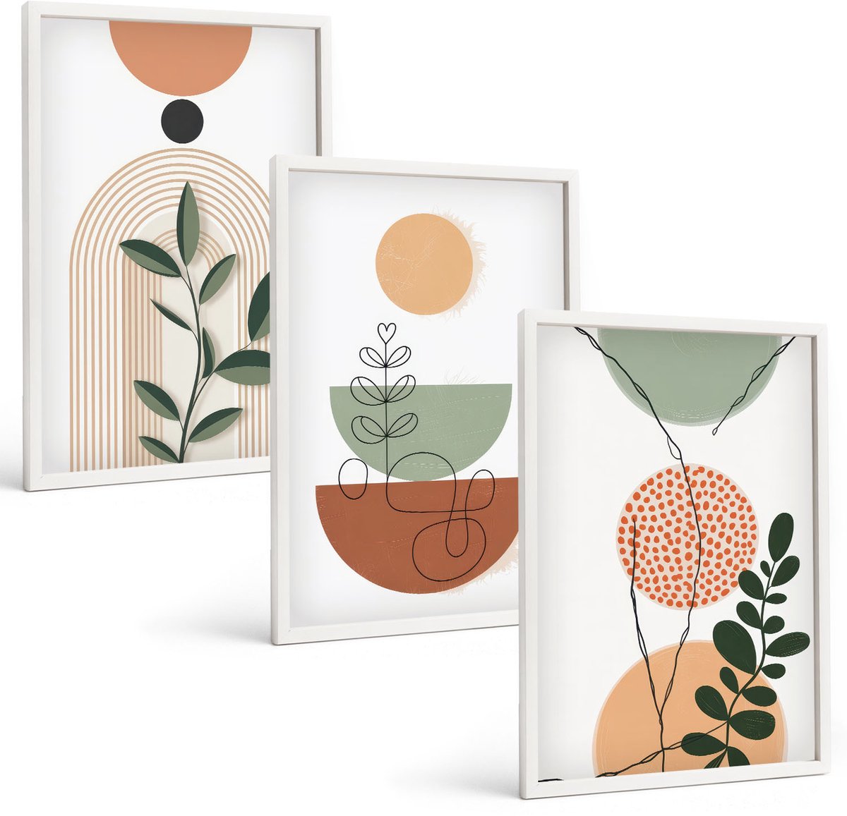 Coloray 3-Delige Schilderij Set - Abstracte Vormen Met Kleurrijke Plantmotieven - 40 x 60 - Wanddecoratie - Moderne Interieurdecoratie Witte lijst