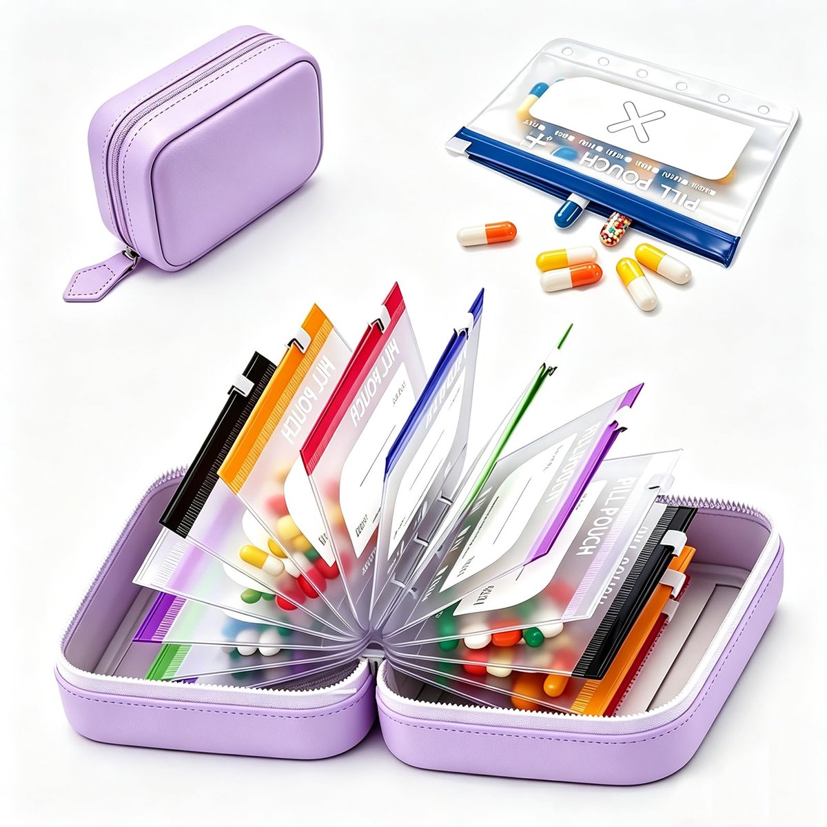 Casalora® Medicijn Organizer voor Reizen – Waterdichte Opbergtas met 14 Kleurgecodeerde Ritszakjes – Voedselveilige Opbergzakken – Compacte Reisopberger – Paars