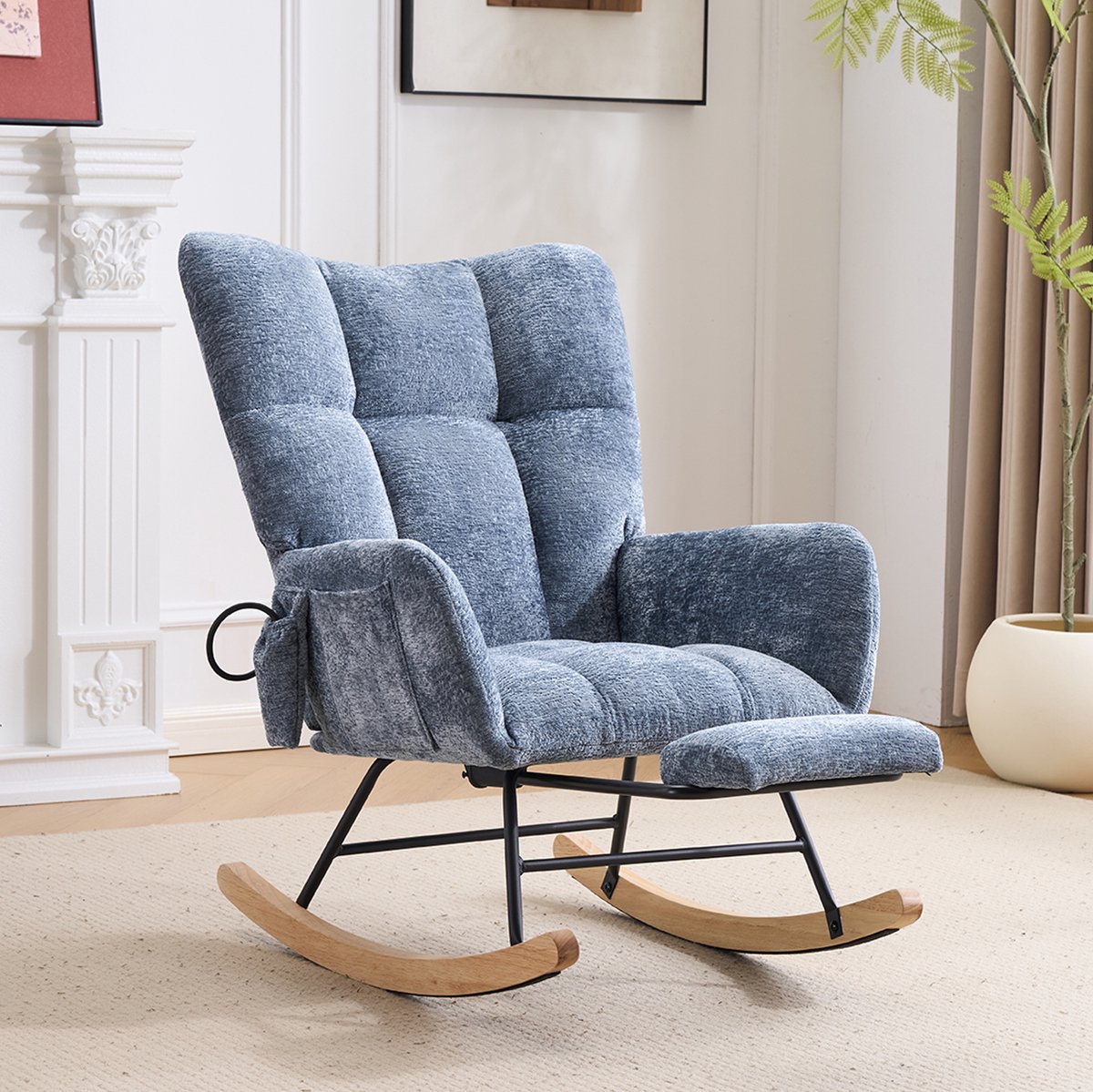 MIVRAY Schommelstoel 63 Cm Ergonomisch Met Armleuningen En Voetensteun Voor Woonkamer Slaapkamer En Leeshoek Chenille Blauw