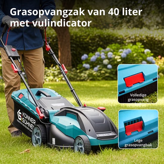 Man met grasmaaier in de tuin. Grasopvangzak van 40 liter met vulindicator.