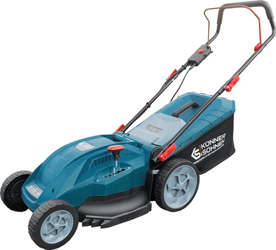 Turquoise elektrische grasmaaier Könner & Söhnen met zwarte grasopvangbak en grijze wielen, op zwarte achtergrond.