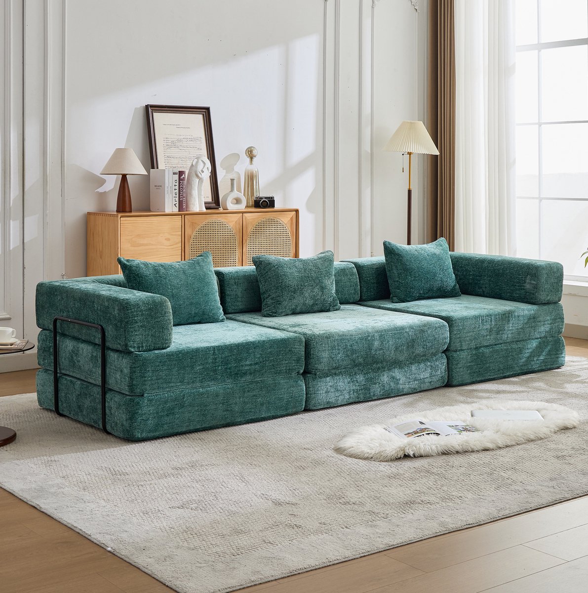 MIVRAY Slaapbank 300 Cm - Veranderbare Vloerbank Met Modulaire Opbouw En Slaapfunctie - Voor Woonkamer En Slaapkamer - Stof Donkergroen