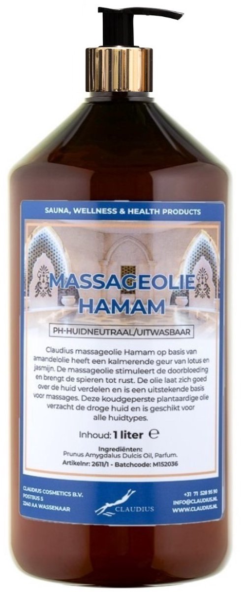 Massageolie Hamam 1 liter met gouden pomp - amber fles - 100% natuurlijk - biologisch en koud geperst