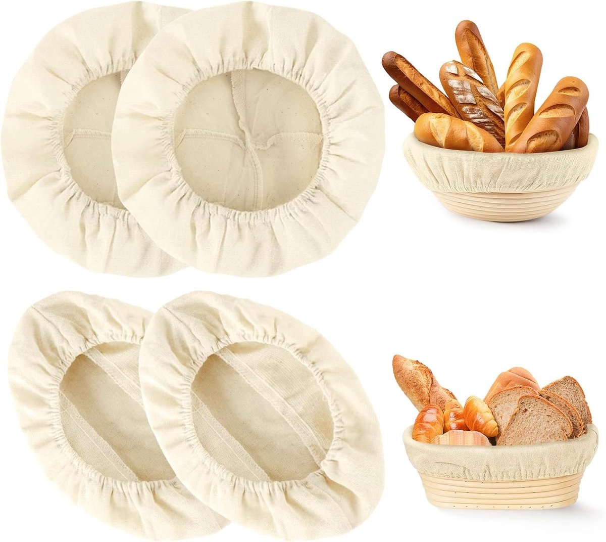 Linnen Inzet voor Brood- en Gistmanden, Ademend Deksel voor Thuis en Professioneel Bakken, 4,25 cm (Rond) + 11 inch (Ovaal) met Elastische Band