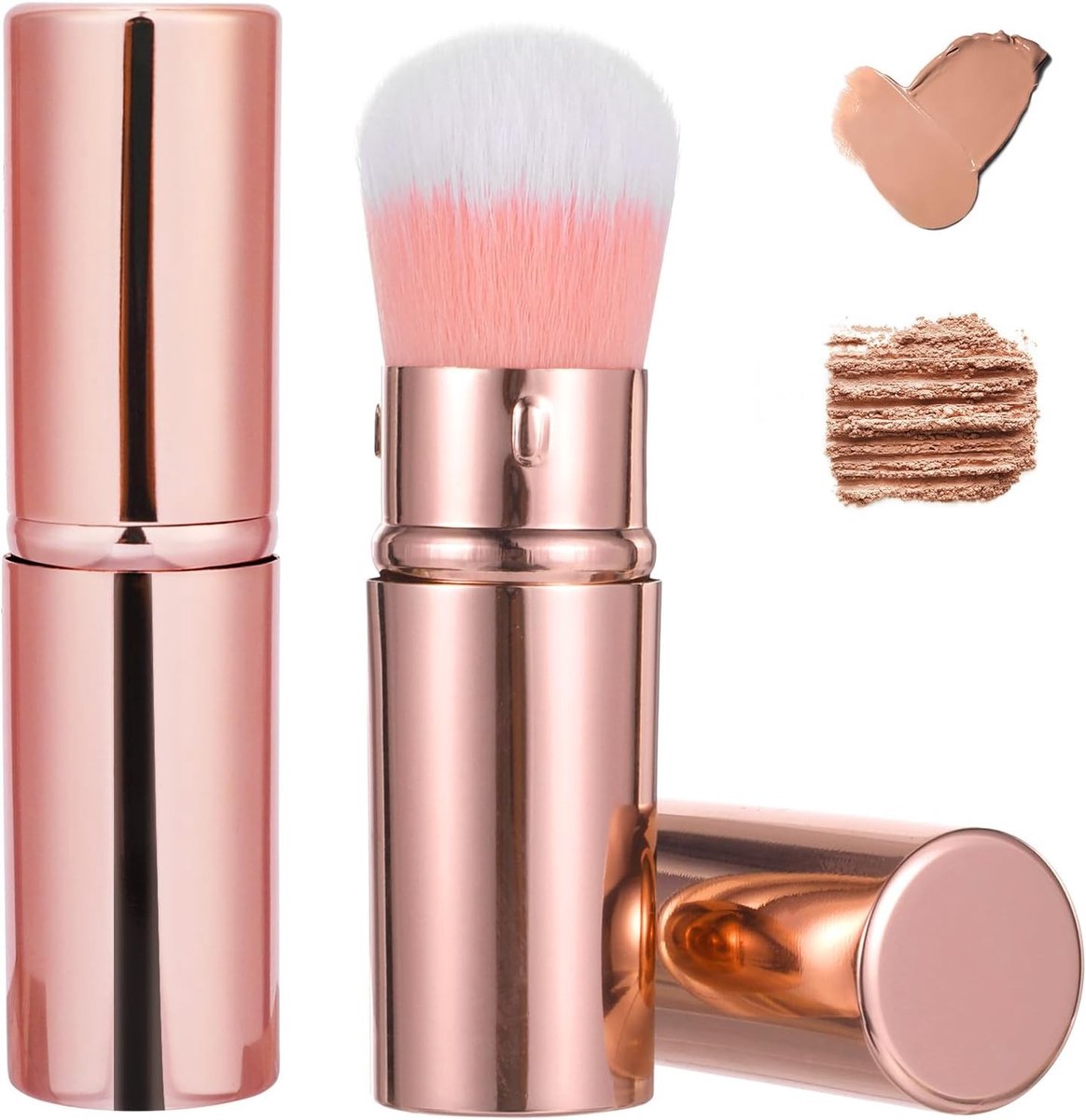 Set van 2 Uittrekbare Blush- en Kabuki Make-upkwasten met Deksel, Draagbare Reisborstels voor Vloeibare Foundation, Poeder en Bronzer, Professionele Gezichtsmixer en Concealer voor Vrouwen