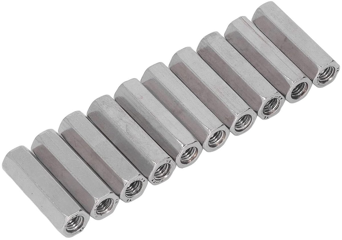 Set van 10 M8 x 1.25-Pitch 45mm Lengte Metrische Hex Koppelnut van 304 RVS Voldraad - Duurzaam en Corrosiebestendig