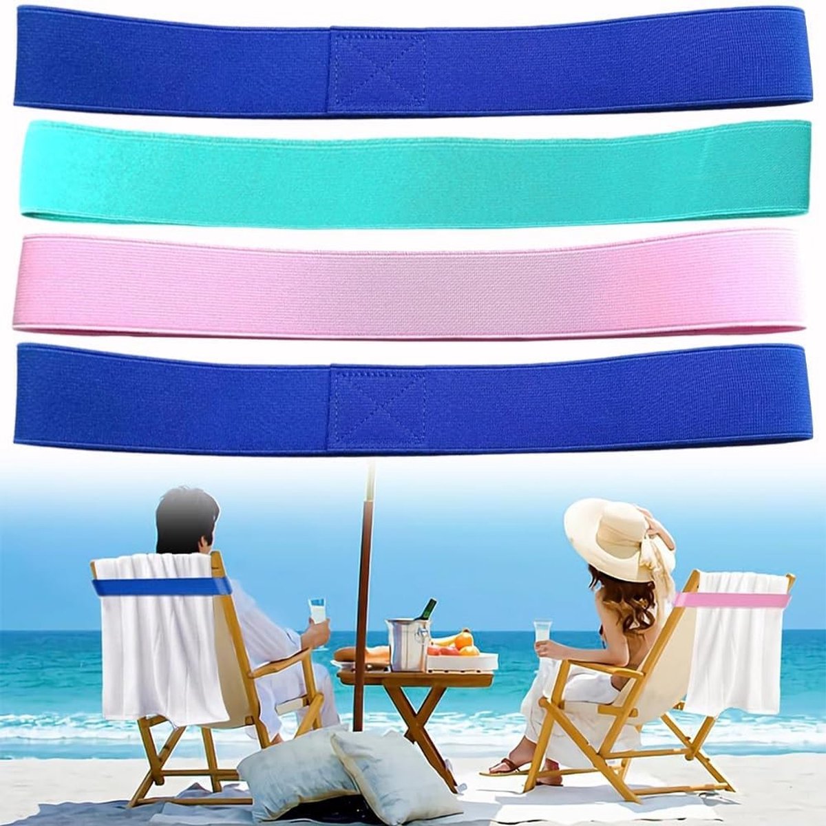 Strandhanddoekbanden - Blauw - 30 x 5 cm - Elastische Handdoekriemen voor Strandstoelen - Voor Strand- en Reisgebruik
