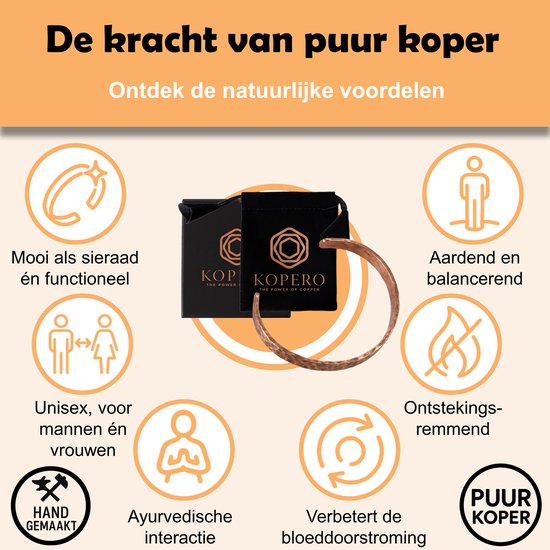 De kracht van puur koper. Gehamerde koperen armband, mooi als sieraad en functioneel, unisex, handgemaakt. Met voordelen als Ayurvedische interactie, aardend en balancerend, ontstekingsremmend, verbetert bloeddoorstroming.