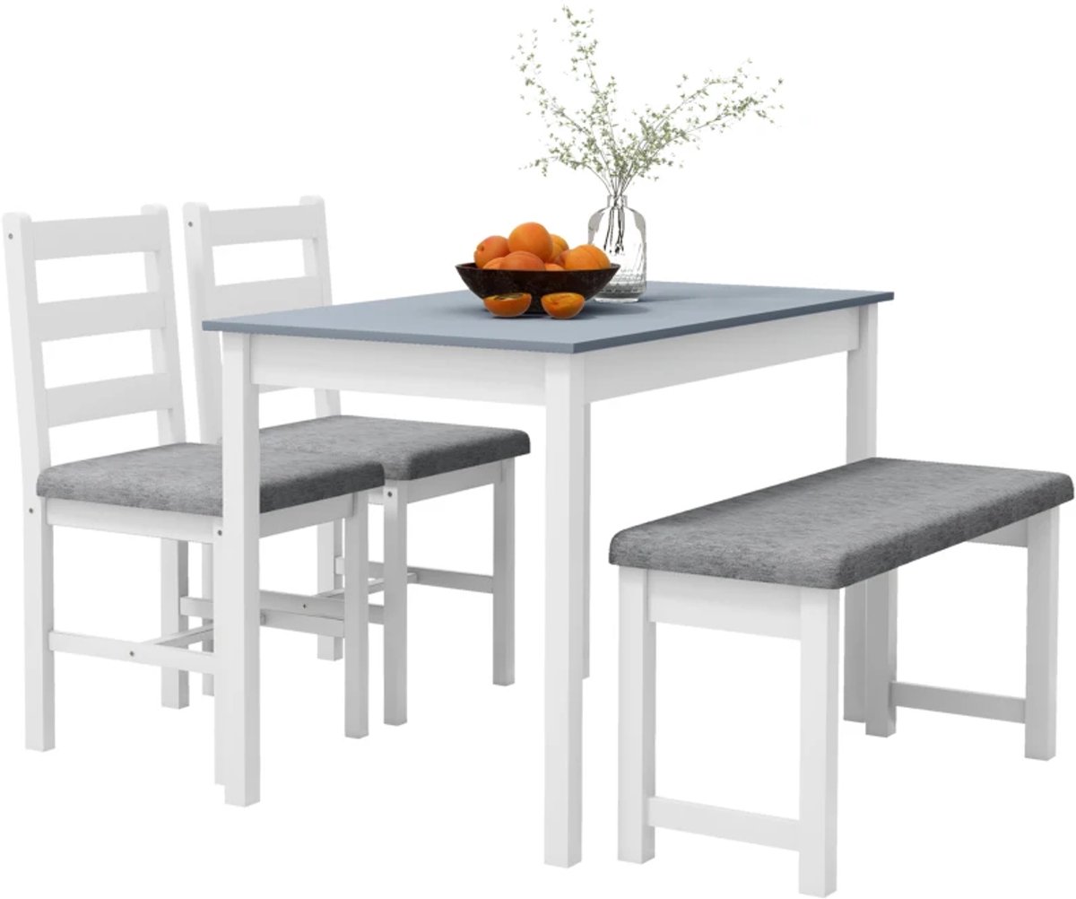 Eethoek - 4-delige Eettafelset - 1 Tafel, 1 Bank En 2 Stoelen - Zitgroep - Grijs En Wit