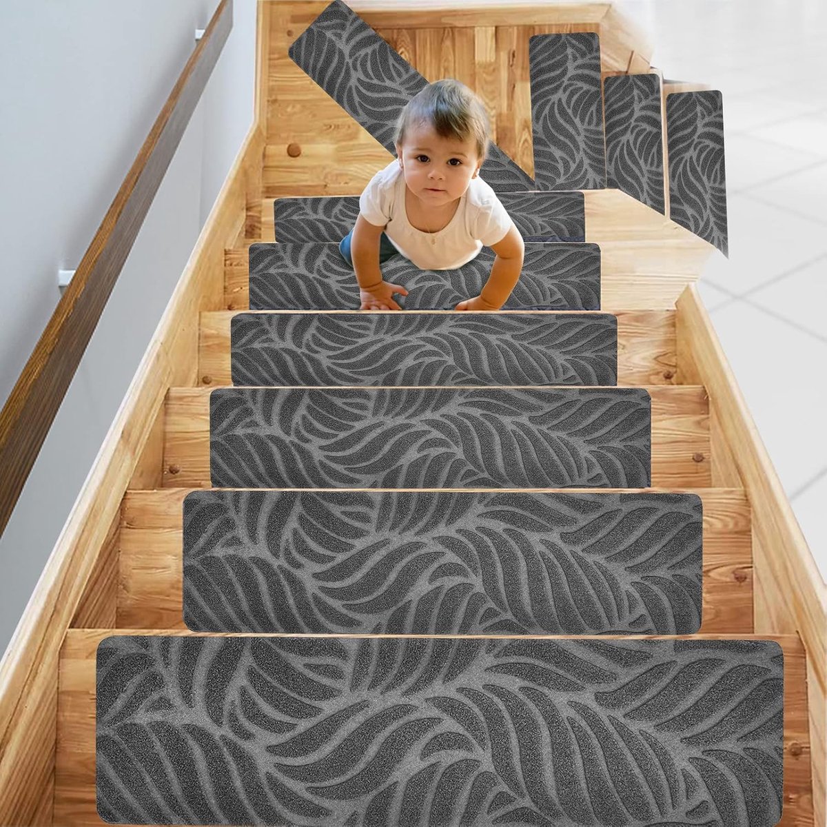 Trapmatten, zelfklevend, 76 x 20 cm, 15 stuks, antislip trapmat voor houten treden binnen, traptapijt, trapmat voor kinderen, oudere huisdieren, grijs (04)