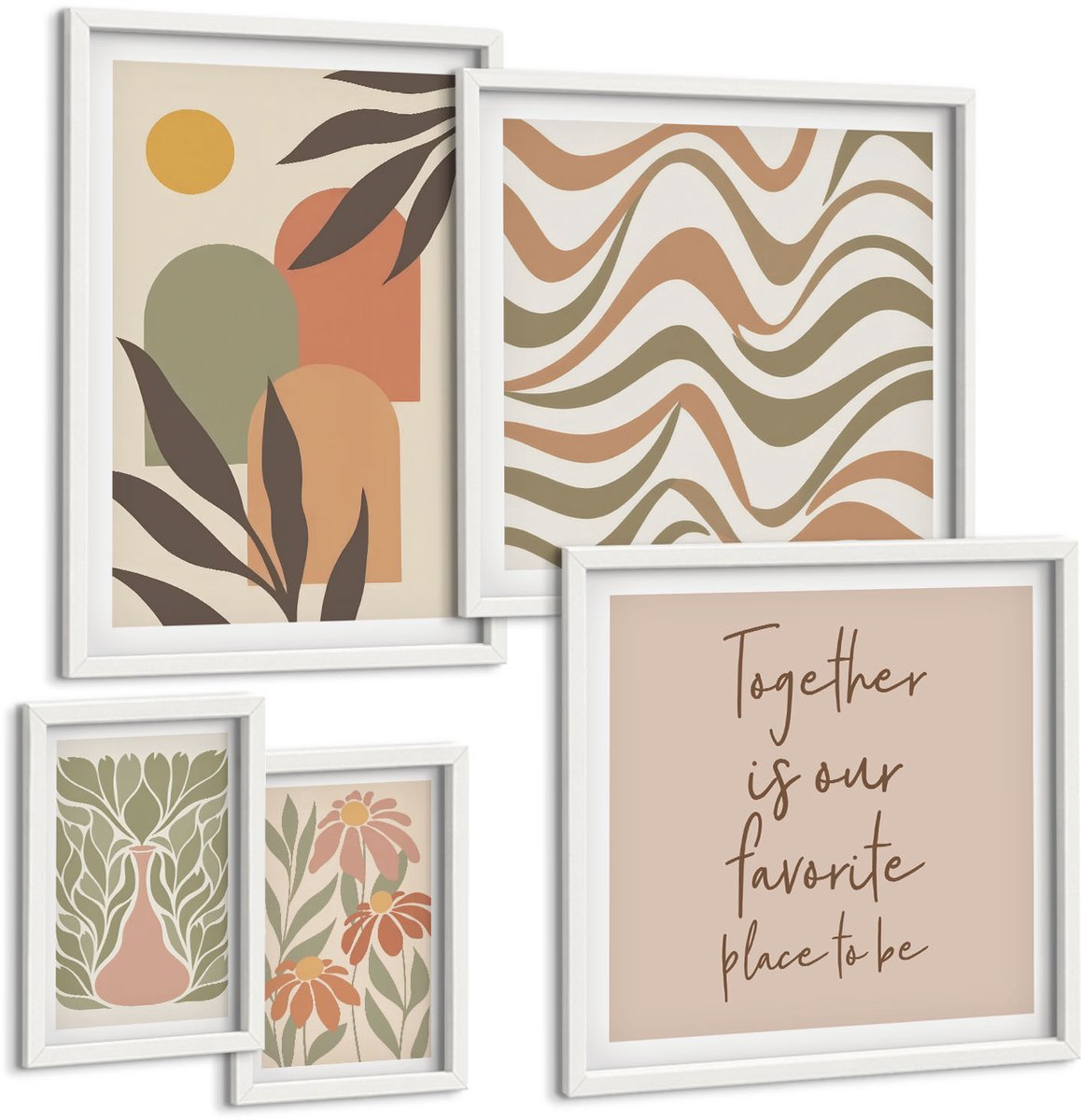 Coloray 5-Delige Schilderij Set - Stijlvolle Decoraties In Pastelkleuren Met Plantmotieven. - 50 x 50 cm, 20 x 30 cm En 40 x 60 cm - Wanddecoratie - Woonkamer Decoratie - Moderne Wanddecoratie