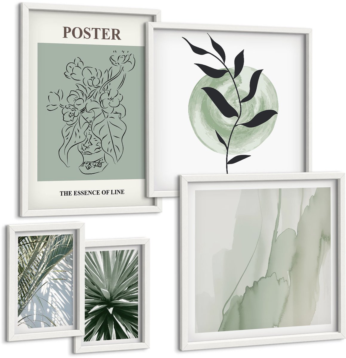 Coloray 5-Delige Schilderij Set - Planteninspiratie In Delicate Natuurlijke Tinten - 50 x 50 cm, 20 x 30 cm En 40 x 60 cm - Schilderijen Set - Wanddecoratie - Woonkamer - Stijlvolle Muurdecoratie