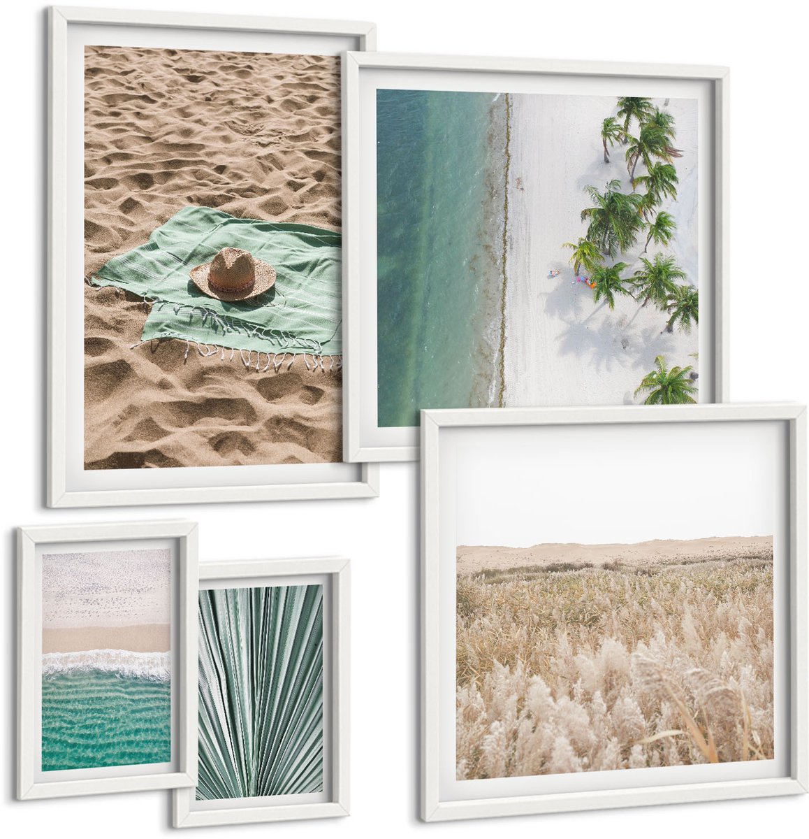 Coloray 5-Delige Schilderij Set - Ontspannend Uitzicht Op Het Strand En Tropische Natuur - 50 x 50 cm, 20 x 30 cm En 40 x 60 cm - Wanddecoratie - Muurdecoratie - Moderne Interieurdecoratie - Stijlvolle Muurdecoratie