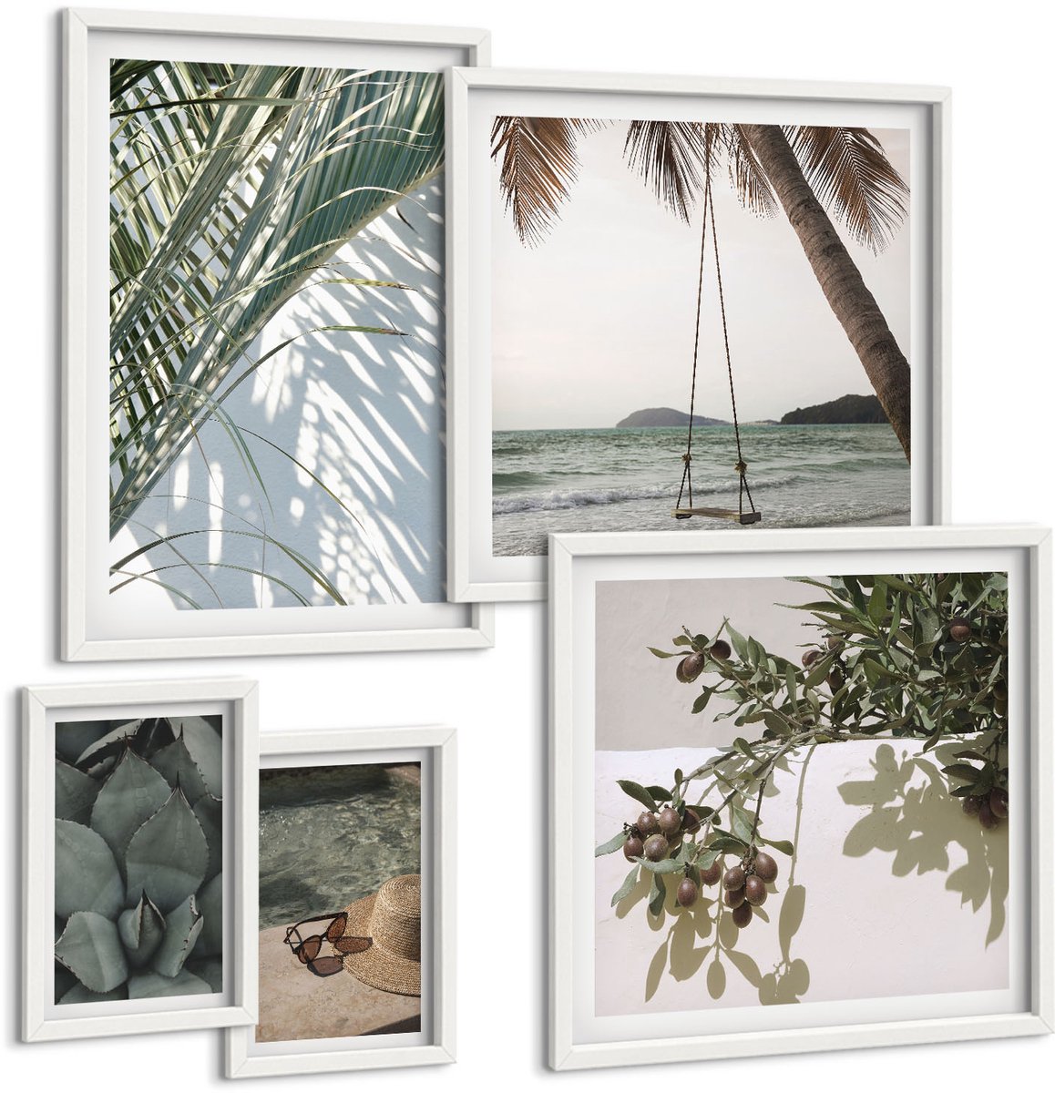 Coloray 5-Delige Schilderij Set - Tropische Inspiratie: Ontspan Tussen Planten En Water. - 50 x 50 cm, 20 x 30 cm En 40 x 60 cm - Decoratieve Muurdecoratie - Slaapkamer - Stijlvolle Muurdecoratie