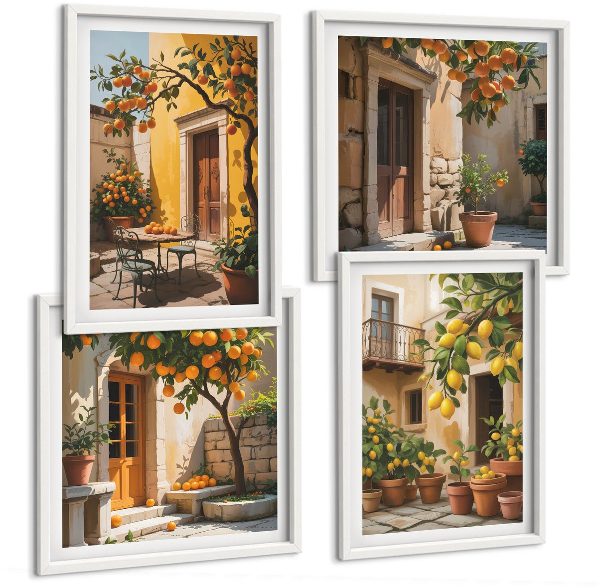 Coloray 4-Delige Schilderij Set - Citrusvruchten In Een Zonnige Binnenplaats Met Planten - 40 x 40 En 40 x 60 - Muurdecoratie - Decoratieve Schilderijen - Wohnzimmer - Stijlvolle Muurdecoratie