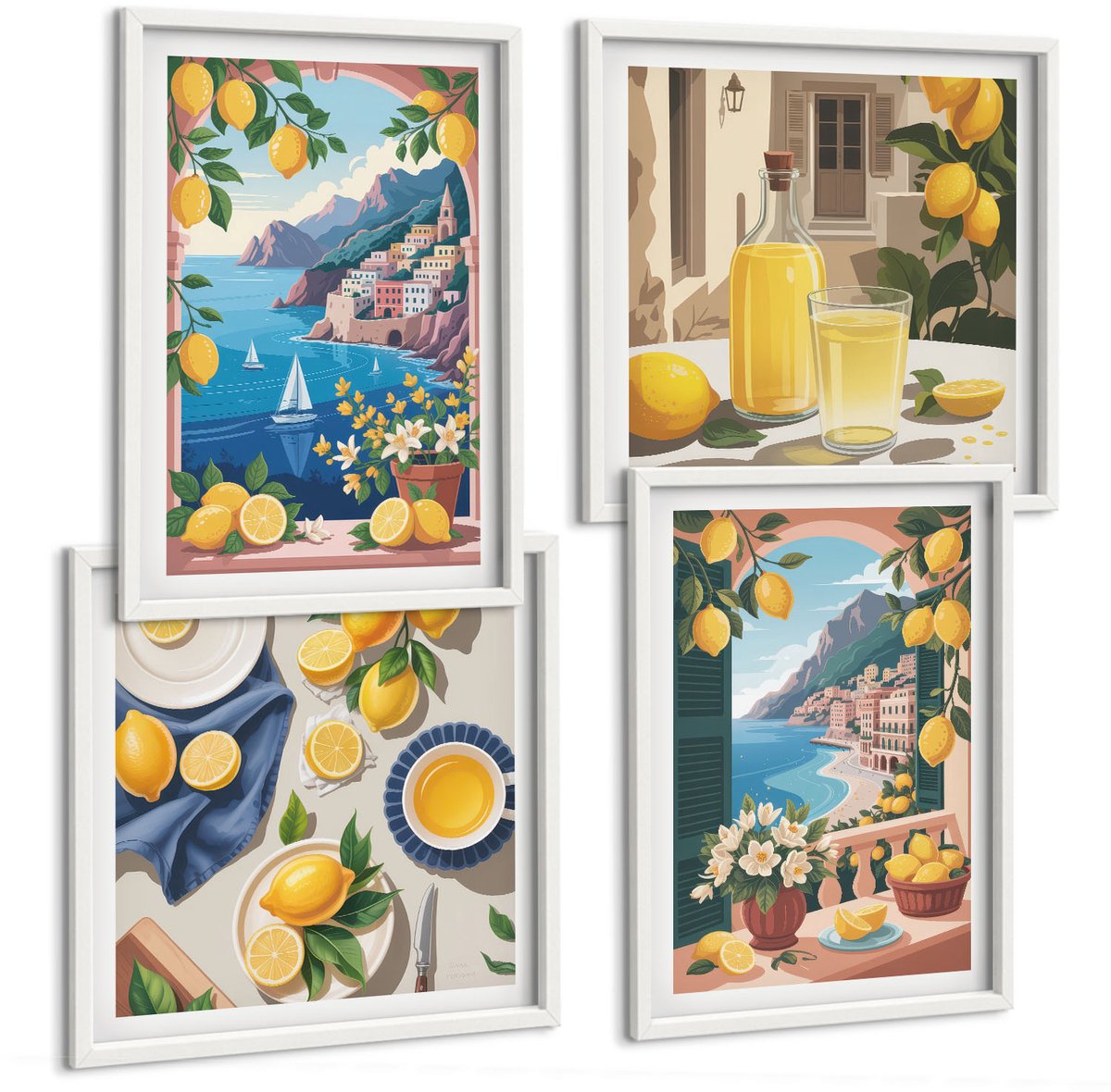 Coloray 4-Delige Schilderij Set - Zeezichtraam Met Italiaanse Citroenen - 40 x 40 En 40 x 60 - Muurdecoratie - Interieur Decoratie