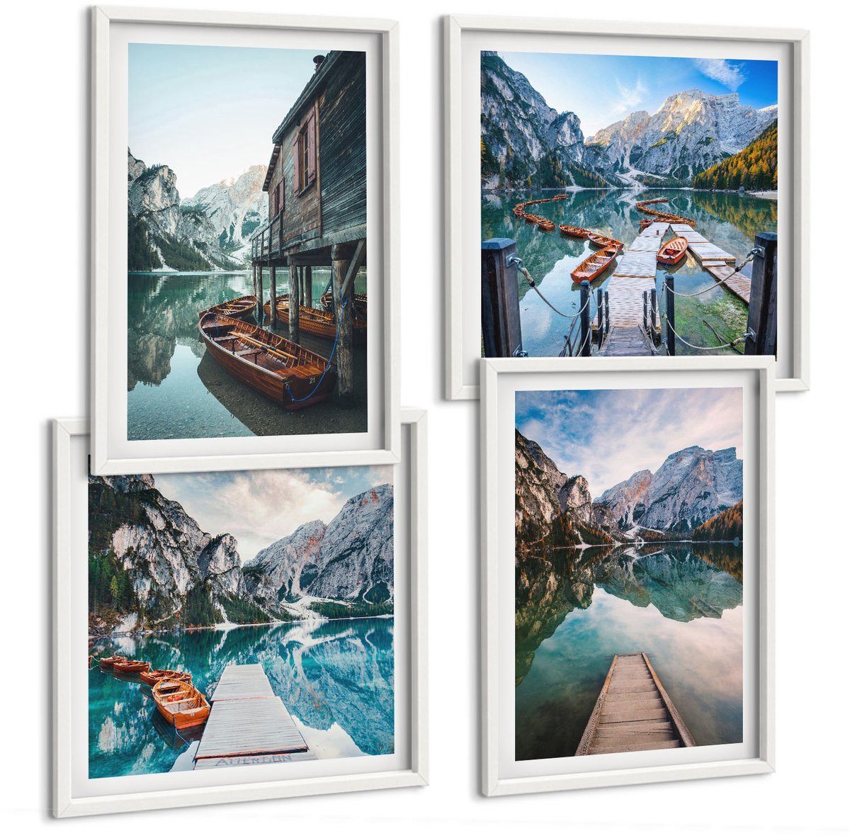 Coloray 4-Delige Schilderij Set - Een Rustig Meer In De Bergen Met Houten Bootjes. - 40 x 40 En 40 x 60 - Decoratieve Schilderijen - Woonkamer - Interieur - Moderne Wanddecoratie