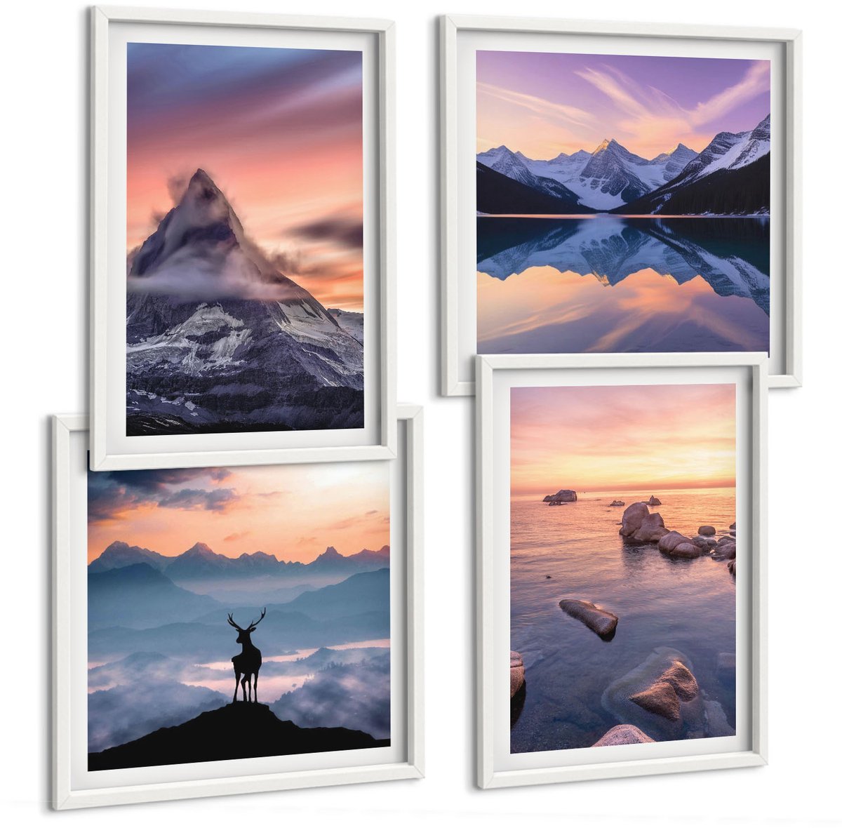 Coloray 4-Delige Schilderij Set - Landschappen, Bergen, Meren, Herten En Zonsondergang - 40 x 40 En 40 x 60 - Schilderijen Set - Wanddecoratie - Woonkamer - Stijlvolle Muurdecoratie
