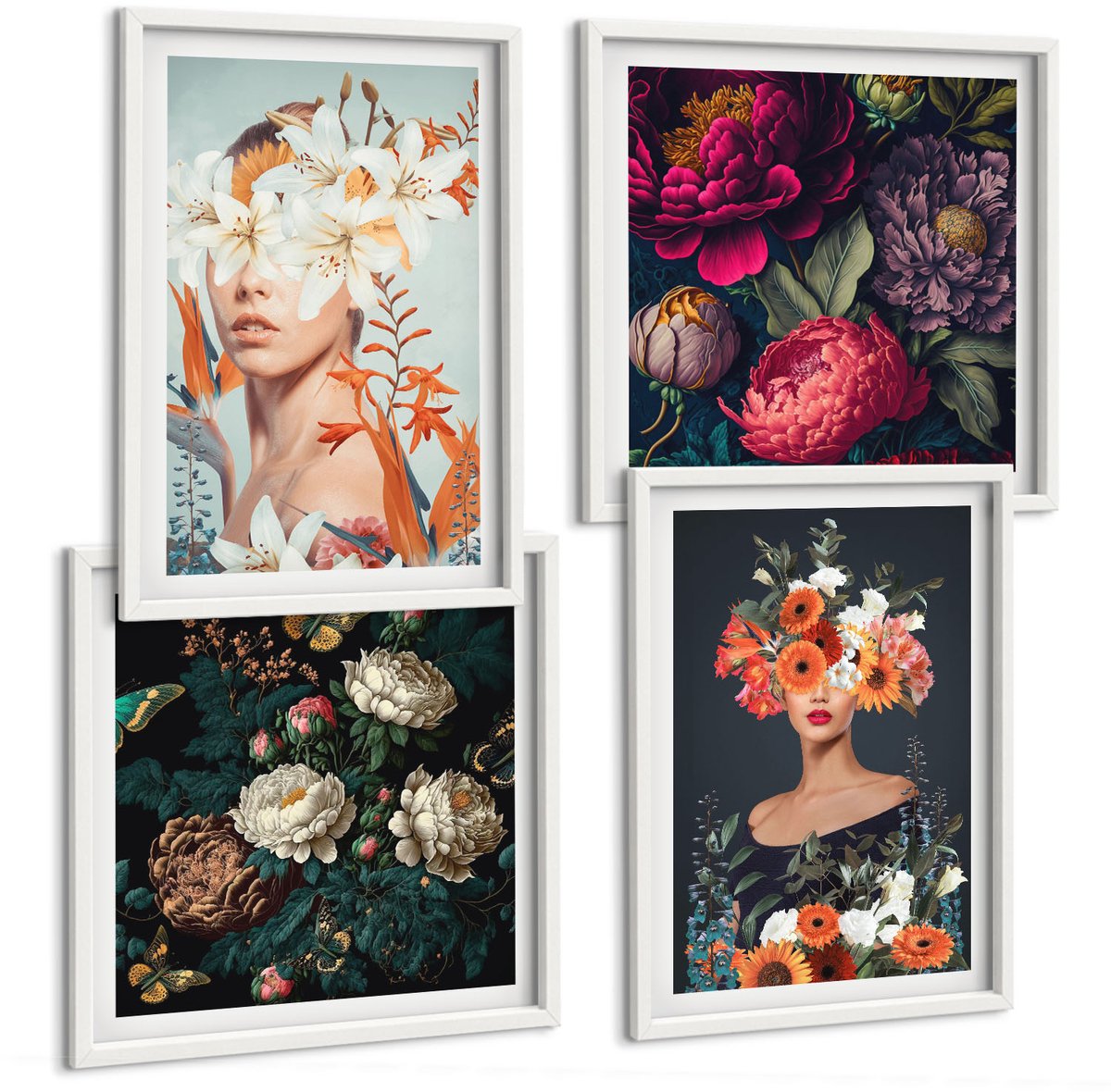 Coloray 4-Delige Schilderij Set - Bloemenportretten Met Kleurrijke Boeketten En Bladeren - 40 x 40 En 40 x 60 - Wanddecoratie - Muurdecoratie - Woonkamer - Decoratieve Schilderijen