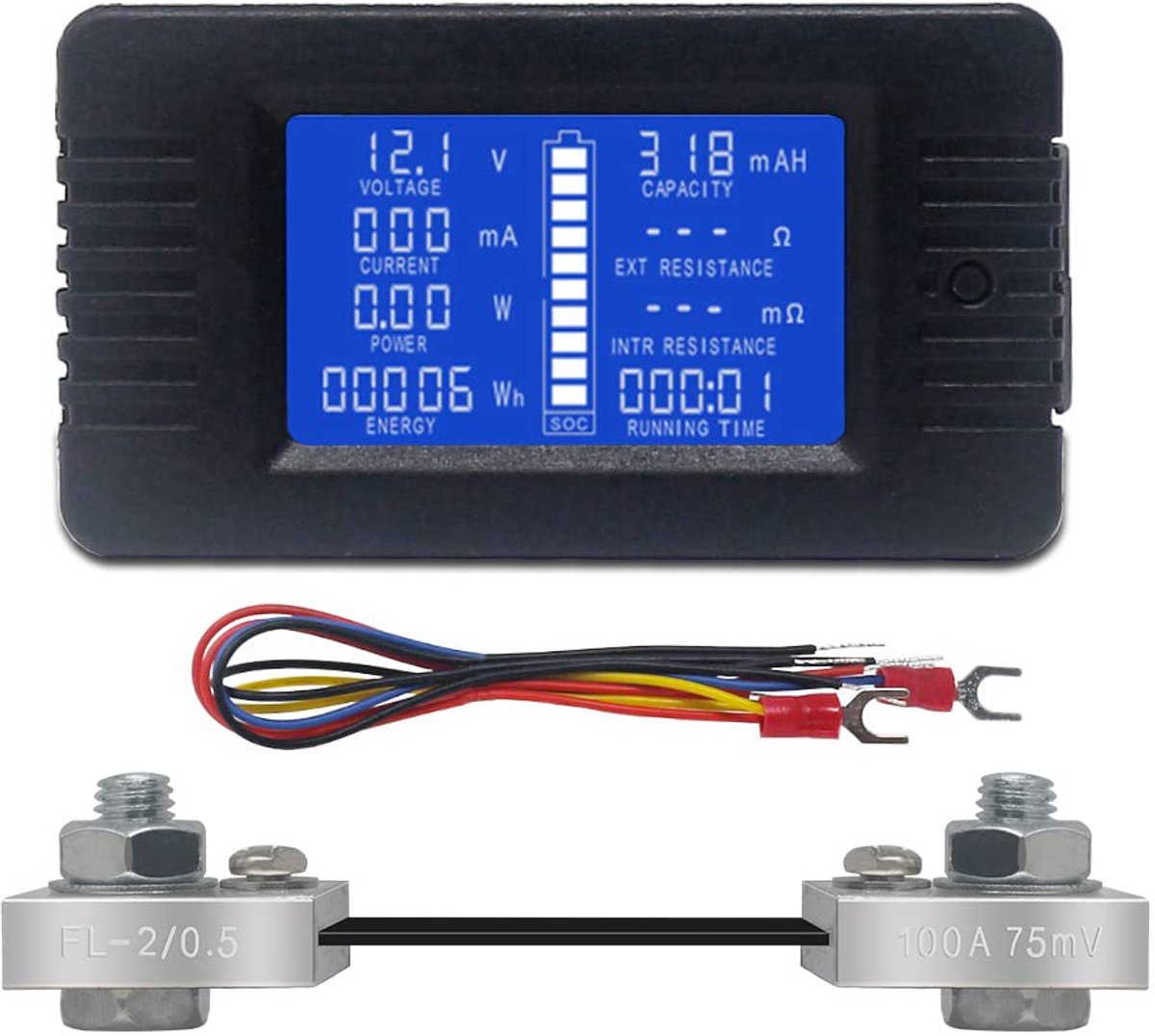 Voltmeter Ampèremeter Energie-energiemonitor LCD-multimeter Digitale spanning Stroomkap Ohm Uur SOC-meter LCD DC 0-200V 100A Shunt