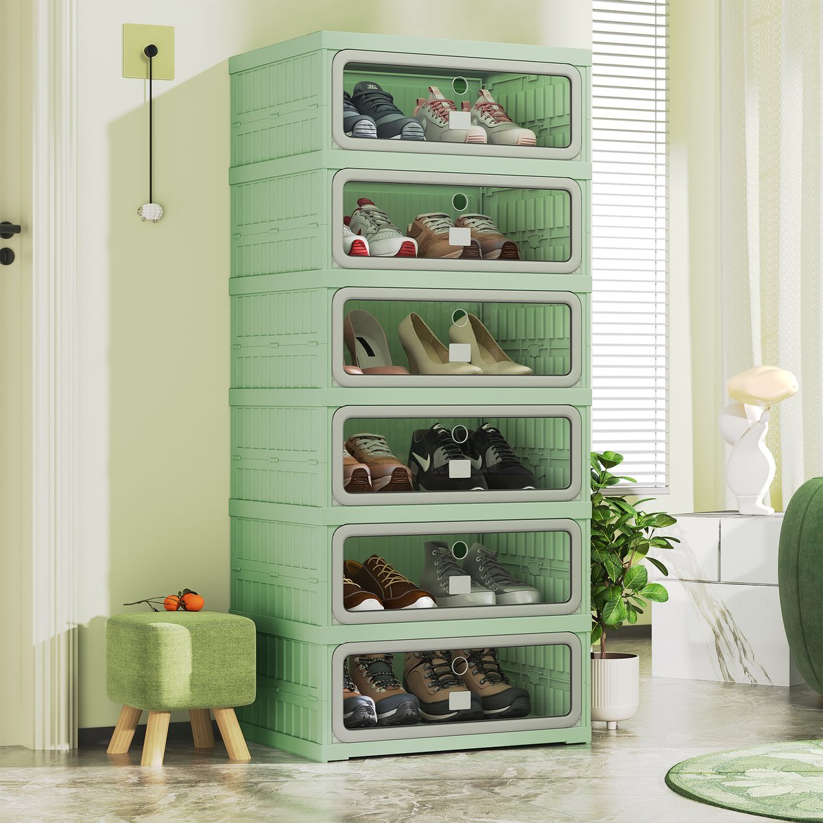 Lichtgroene schoenenkast 6 lagen 45 x 34,5 x 105,5 cm met transparante PET-deuren en magneetsluiting, montagevrij