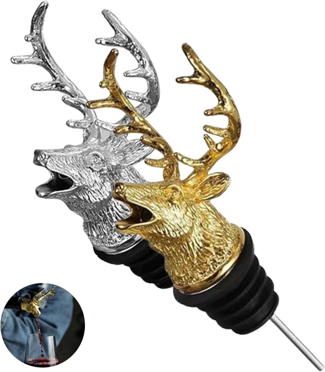 2 stuks schenktuit voor flessen wijn, schenktuit voor sterke drank, metalen wijnverluiken, voor wijnflessen, olieflessen, kruidenflessen (goud en zilver) (hertenhoofd)