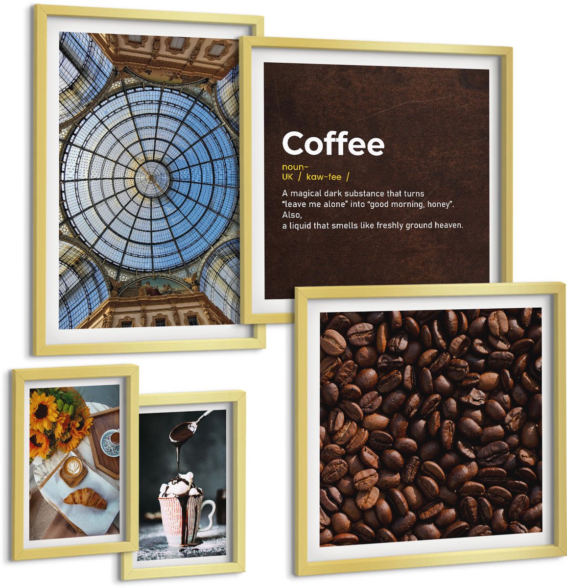 Coloray 5-Delige Schilderij Set - Koffie En Zoetigheden In Een Rustieke En Moderne Stijl. - 50 x 50 cm, 20 x 30 cm En 40 x 60 cm - Wanddecoratie - Moderne Interieurdecoratie - Stijlvolle Muurdecoratie