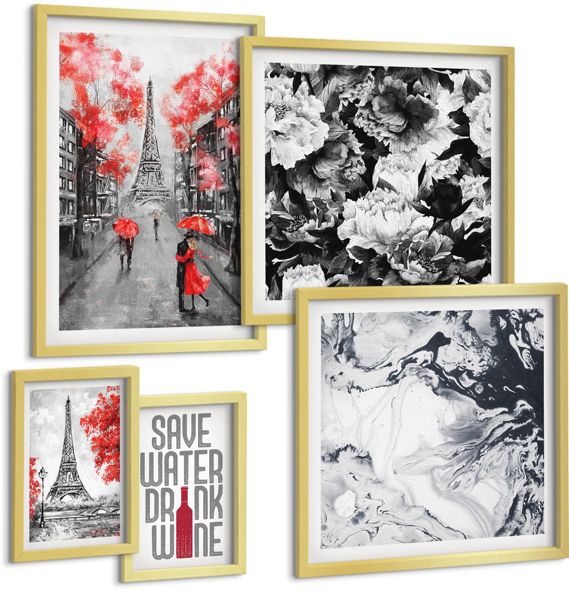 Coloray 5-Delige Schilderij Set - Parijse Uitzichten Met Bloemen En Abstracte Patronen - 50 x 50 cm, 20 x 30 cm En 40 x 60 cm - Wanddecoratie - Muurdecoratie - Moderne Interieurdecoratie - Decoratieve Schilderijen